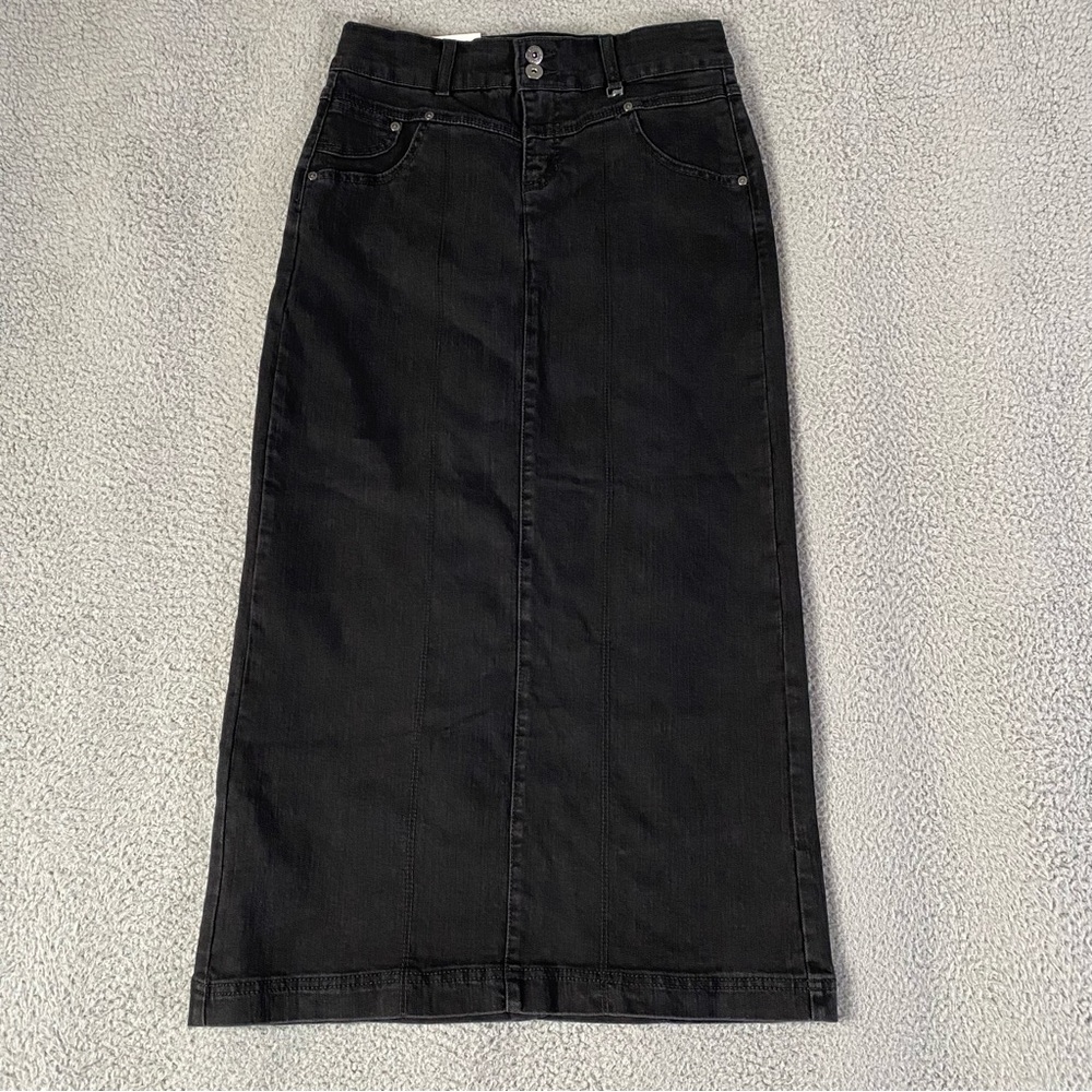 Style & Co Denim Maxi Skirt Womens 4 / 29 Black Jean Tummy Control Back Slit NEW